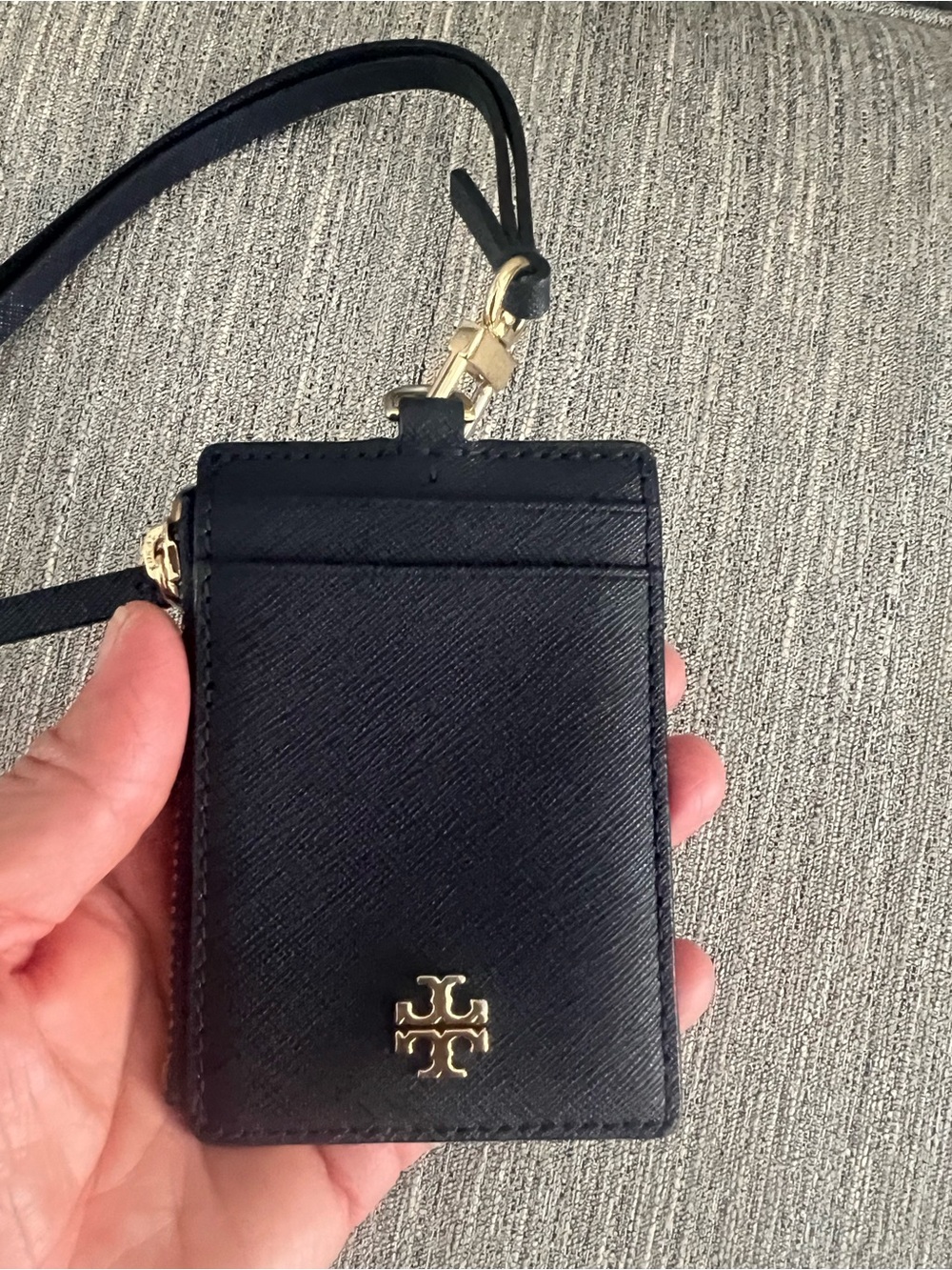 Tory Burch Black Leather ID Cardholder with Gold Logo Lanyard - Picture 4 of 5